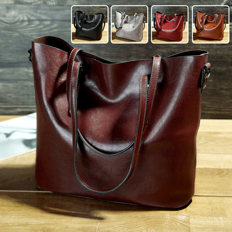 iKid Simple Oil Wax Leather Messenger Shoulder Bags Women’S High Capacity Portable Tote Bag