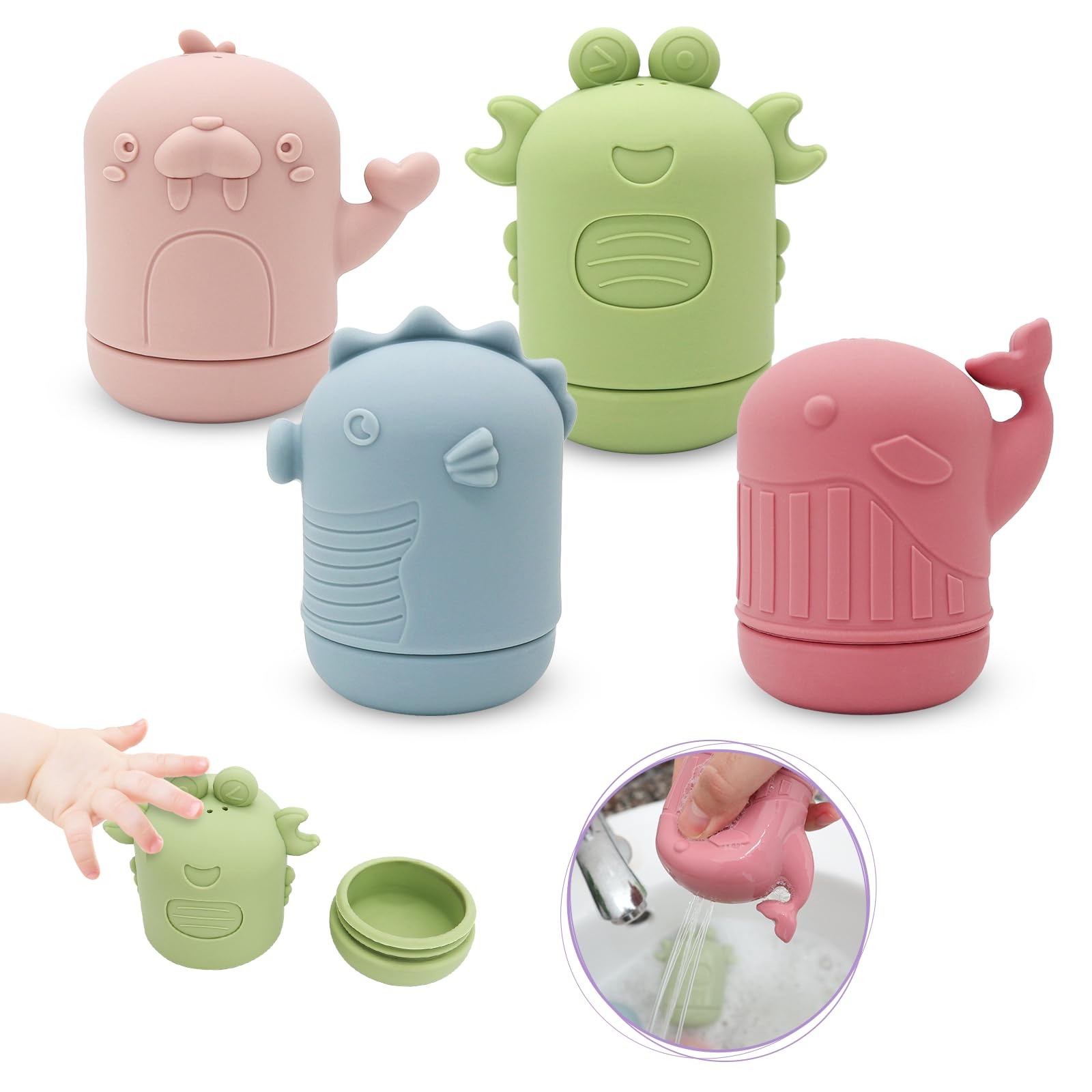 iKid Baby Water Shower Toys Set Bath Water Toys Parent-Child Interactive Toys 4 Pieces –Ocean Color- Safe Soft Rubber Material The Bath Does Not Cry Let The Baby Love The Bath