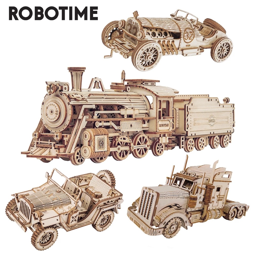iKid Robotime Rokr Train Model 3D Wooden Puzzle Toy Assembly Locomotive Model Building Kits For Children Kids Birthday Christmas Gift