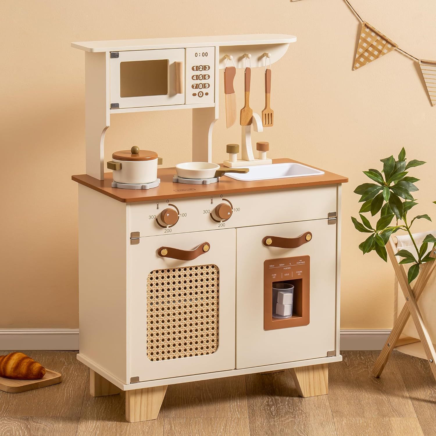 iKid Robotime Wooden Play Kitchen With Pretend Ice Cube Dispenser For Toddler Age 3