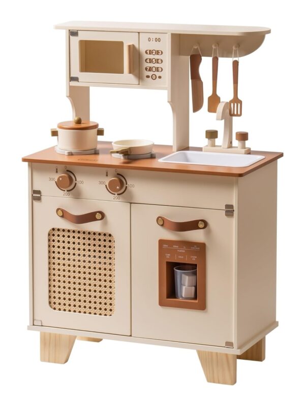 iKid Robotime Wooden Play Kitchen With Pretend Ice Cube Dispenser For Toddler Age 3 - Image 2