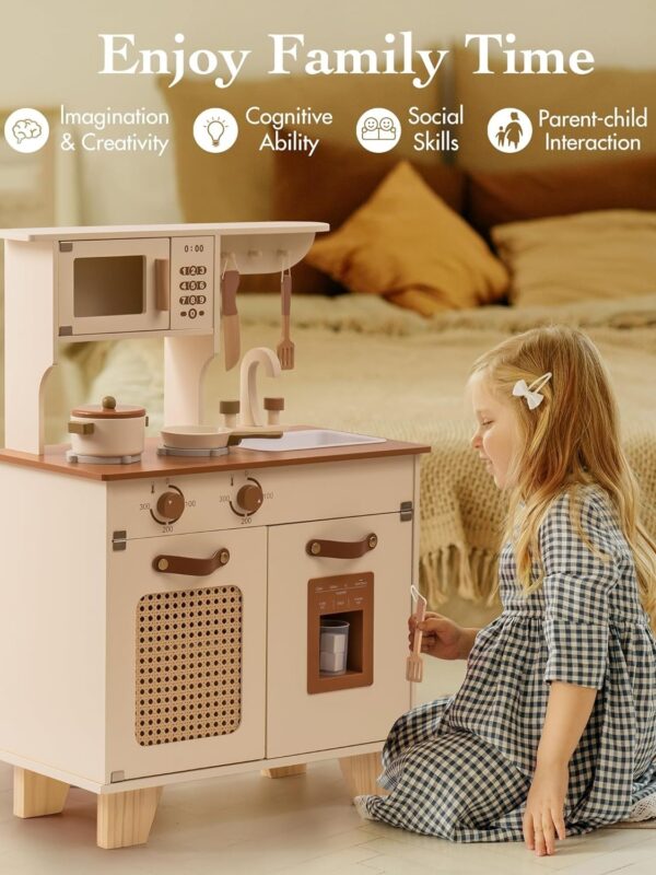 iKid Robotime Wooden Play Kitchen With Pretend Ice Cube Dispenser For Toddler Age 3 - Image 9