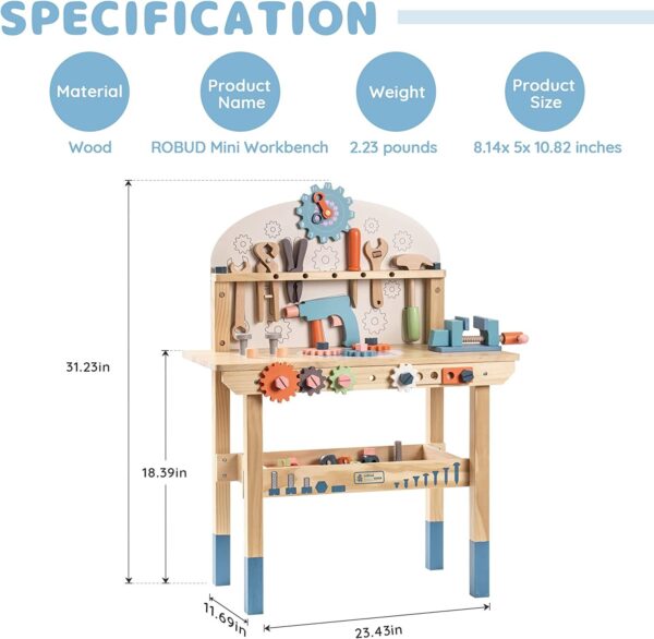iKid Robotime Workbench Play Set Toddlers Kids Pretend Tool Bench Toy Workshop Toys - Image 3