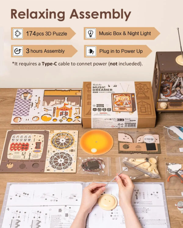 iKid Robotime Rolife Sunset Carnival Music Boxes With Lights For Kids Adults Home Decoration Luxurious Design 3D Wooden Puzzle Toys - Image 7