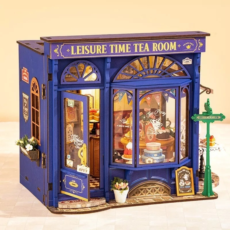 iKid Robotime Diy Miniature Dollhouse Kit – Tea Room With Led Lights And Furniture Wooden Model Building Set For Adults And Kids Creative Gift For Leisure Time