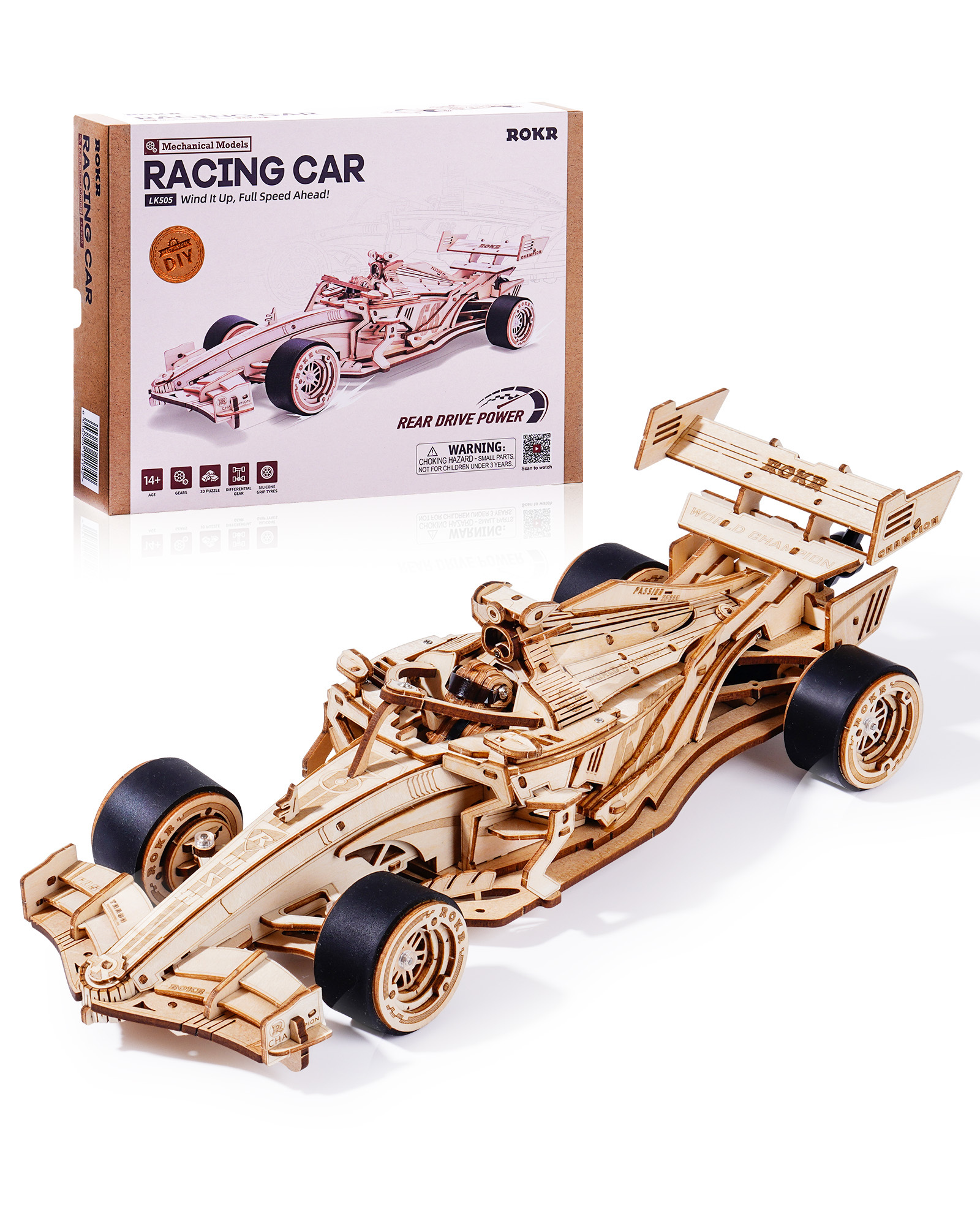 iKid Robotime 3D Wooden Puzzle Racing Car Model Kits With Mechanical Roaring Engine