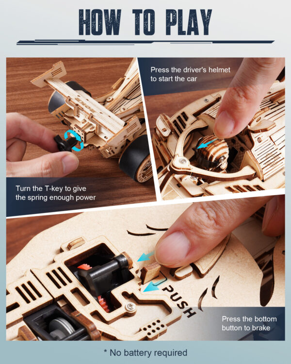 iKid Robotime 3D Wooden Puzzle Racing Car Model Kits With Mechanical Roaring Engine - Image 5
