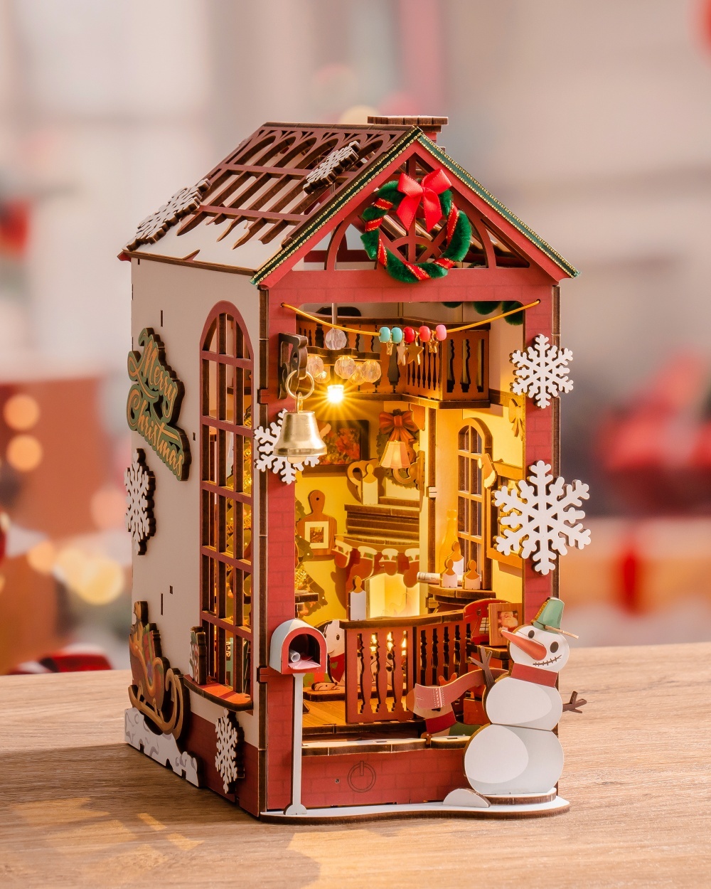 iKid Robotime Diy Christmas Dollhouse Wood Kit Book Nook Bookshelf Decoration Gift Led Lights