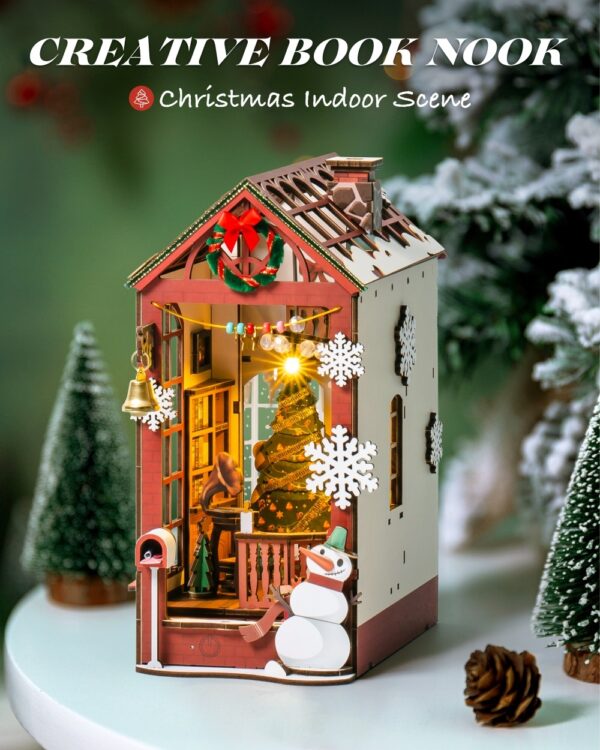 iKid Robotime Diy Christmas Dollhouse Wood Kit Book Nook Bookshelf Decoration Gift Led Lights - Image 3