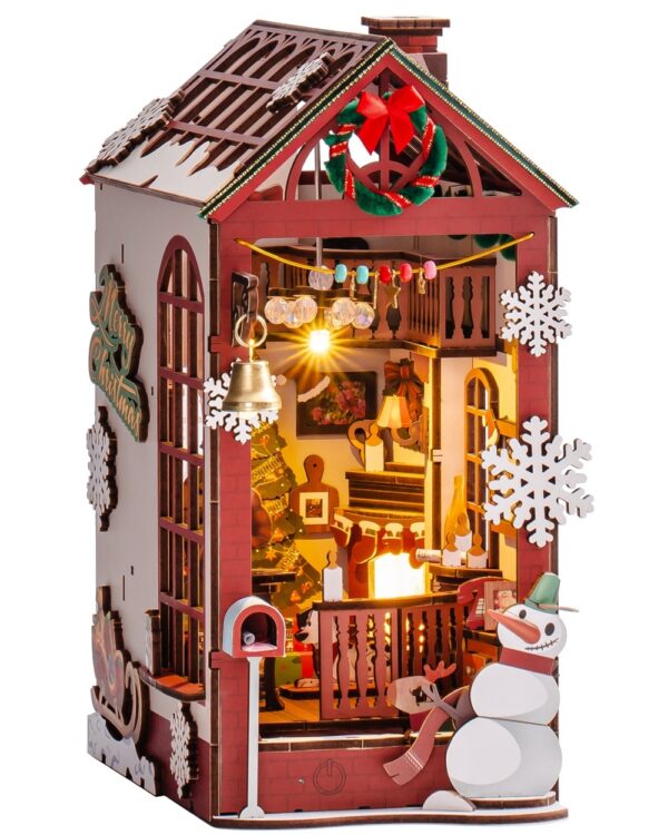 iKid Robotime Diy Christmas Dollhouse Wood Kit Book Nook Bookshelf Decoration Gift Led Lights - Image 4
