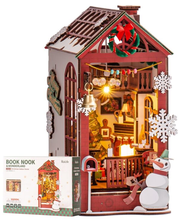 iKid Robotime Diy Christmas Dollhouse Wood Kit Book Nook Bookshelf Decoration Gift Led Lights - Image 7