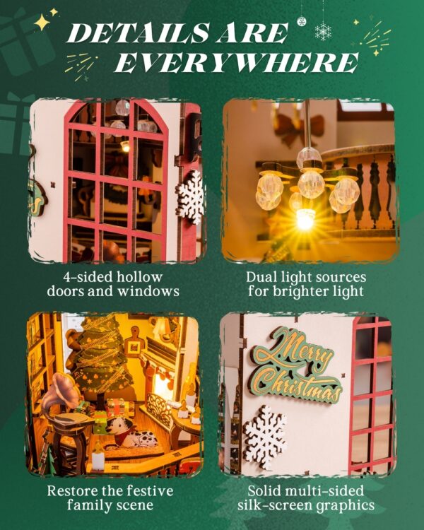 iKid Robotime Diy Christmas Dollhouse Wood Kit Book Nook Bookshelf Decoration Gift Led Lights - Image 9