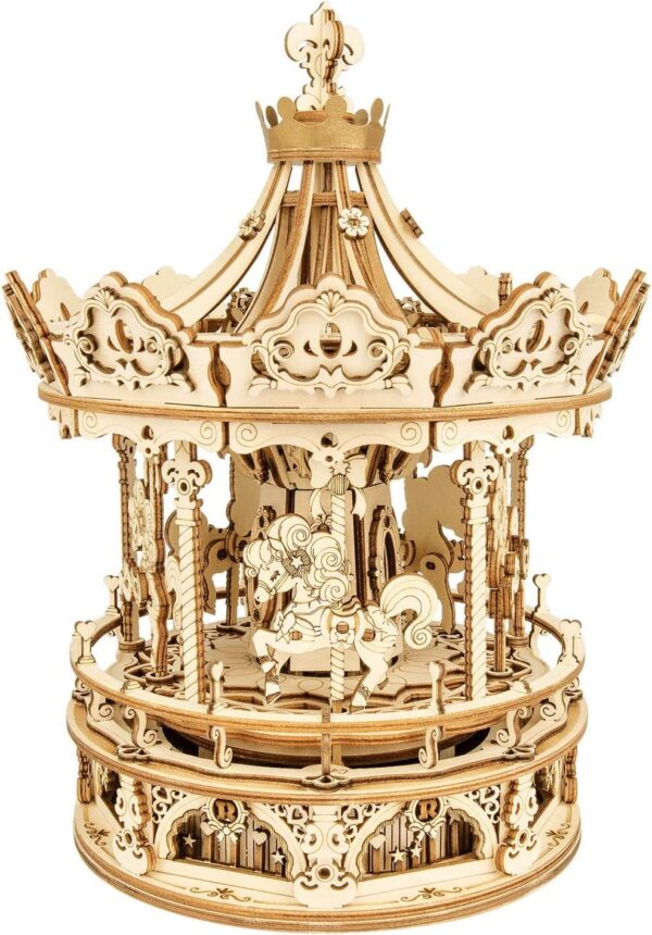 iKid Robotime Rokr 3D Wooden Puzzles Construction Model Kit Diy Music Box Building Kits Rotating - Romantic Carousel - Image 2