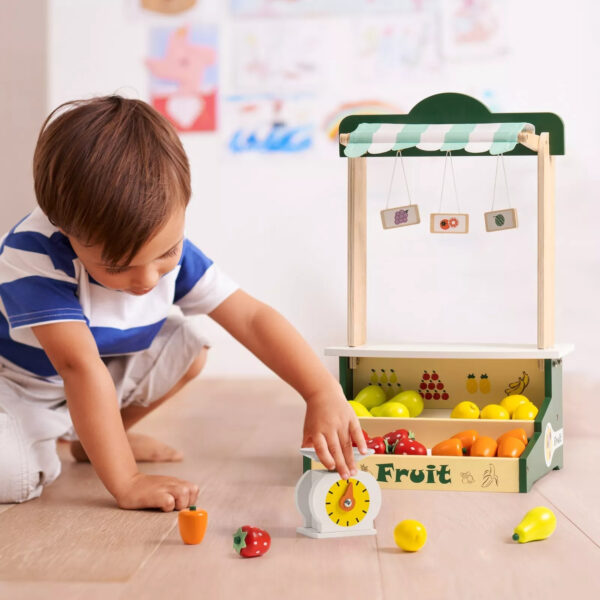 iKid Robotime Wooden Farmers Market Stand Fruit Stall Toy Grocery Store Set For Kids - Image 8