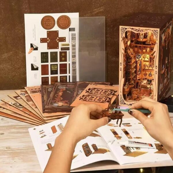 iKid Duchess Cloakroom Book Corner Kit Homemade Miniature Dollhouse 3D Wooden Puzzle Bookshelf Insert Decoration With Led Light Craft Kit - Image 7