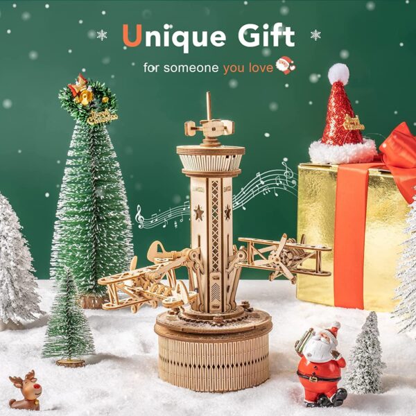 iKid Robotime Rokr 3D Wooden Puzzles For Adults Diy Musical Box Model Kit To Build Self-Assembly Building Kit Airplane- Control Tower - Image 9