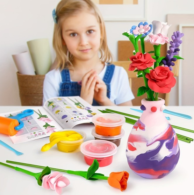 iKid Air Dry Clay Vase Bouquet Craft Kit 10 Pieces Modeling Clay Flower Art And Craft Diy Set For Boys And Girls Improve Fine Motor Skills And Hand-Eye Coordination Great Gift Idea For Boys And Girls