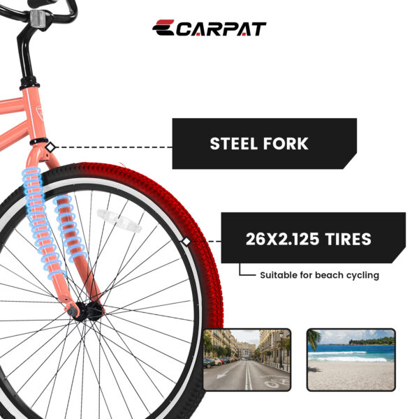 iKid S26204 26 Inch Beach Cruiser Bike For Men And Women Steel Frame Single Speed Drivetrain Upright Comfortable Rides Multiple Colors - Image 6