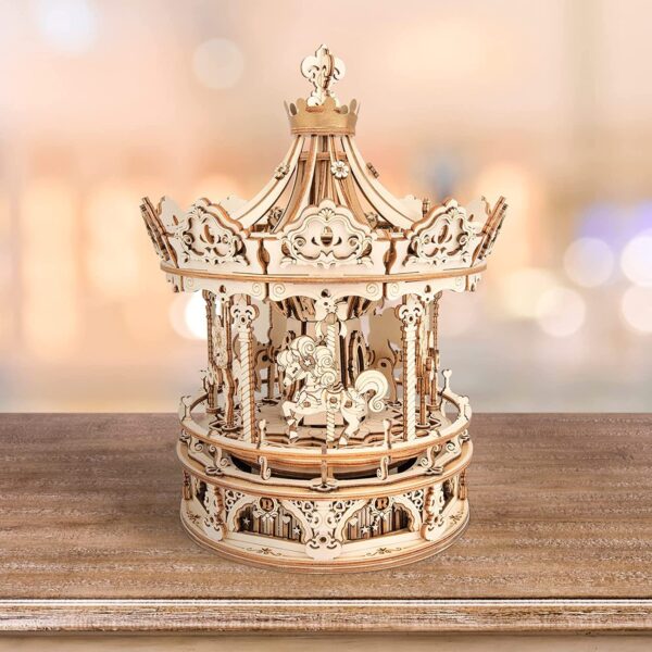 iKid Robotime Rokr 3D Wooden Puzzles Construction Model Kit Diy Music Box Building Kits Rotating - Romantic Carousel - Image 9