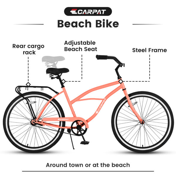 iKid S26204 26 Inch Beach Cruiser Bike For Men And Women Steel Frame Single Speed Drivetrain Upright Comfortable Rides Multiple Colors - Image 3