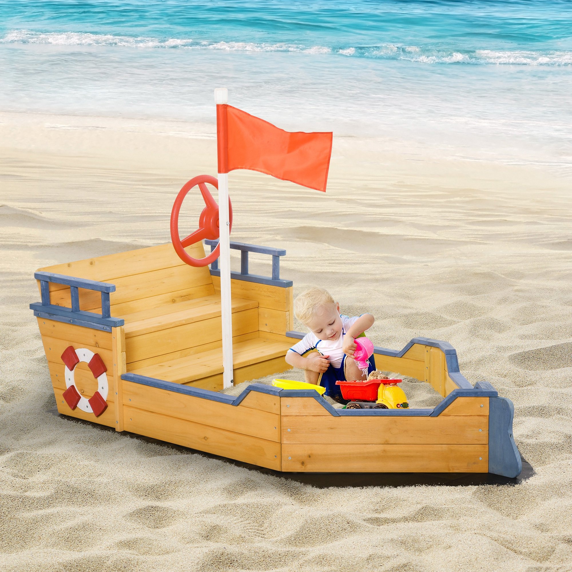 iKid Cedar Wood Kids Sandbox Pirate Ship Play Boat With Bench Seats And Storage