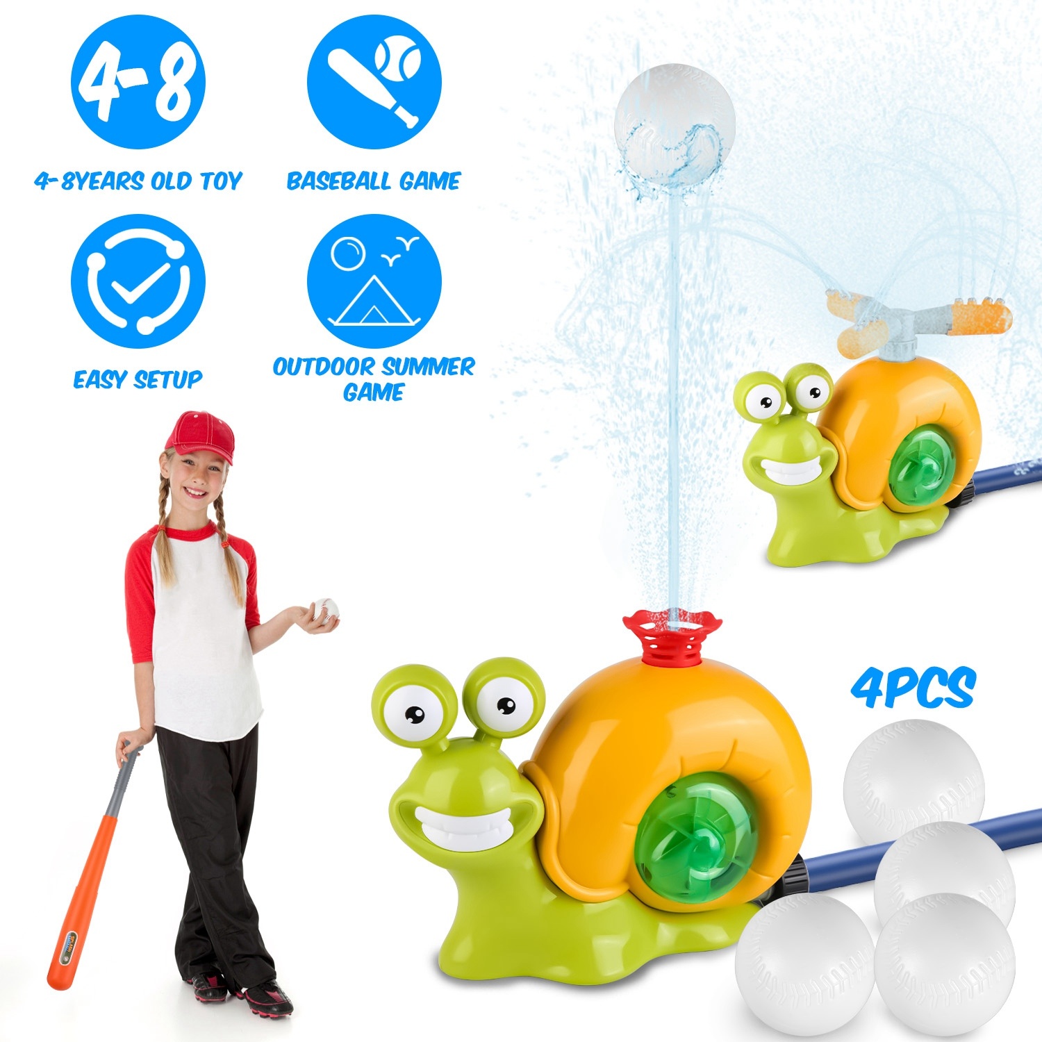 iKid 2 In 1 Snail Water Sprinkler Baseball Toy With 2 Sprinkler Nozzles 360 Degree Rotating Spray Baseball Sprinkler Summer Water Toy For 4-8Years Old Boys Girls Pool Garden Lawn
