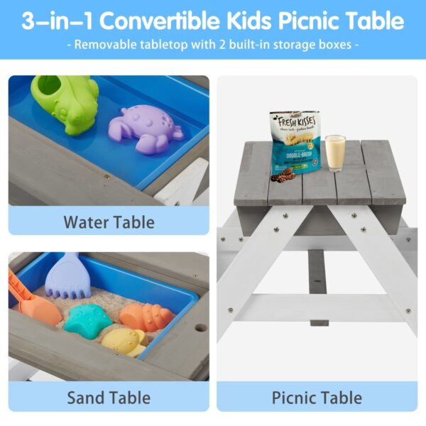 iKid 3-In-1 Kids Outdoor Wooden Picnic Table With Umbrella Sand &Amp; Water Gray Astm - Image 6
