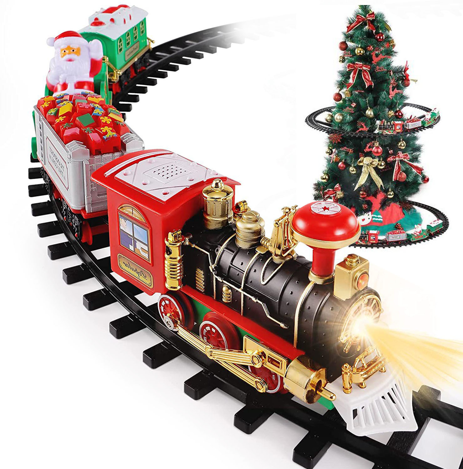 iKid Electric Train Set Kid Toy Xmas Steam Train Kit Tree Surround Track Battery Operated With Sound Light Santa Claus Christmas Gift
