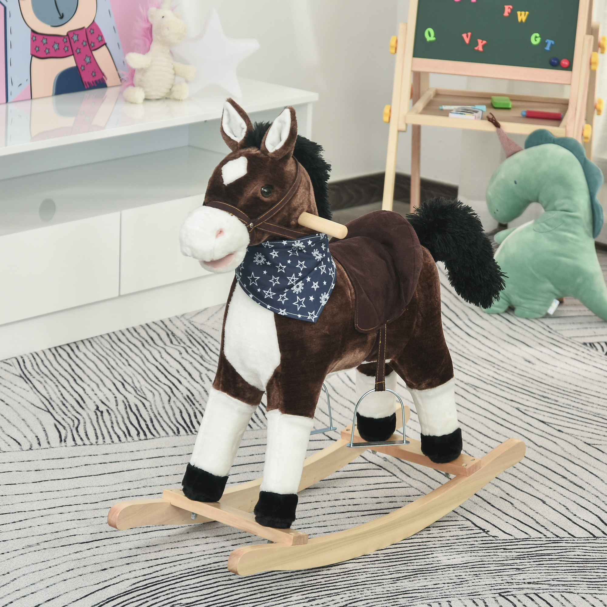 iKid Plush Cowboy Rocking Horse Wooden Ride-On With Realistic Sounds Wild West Fun Brown For 3-6 Years