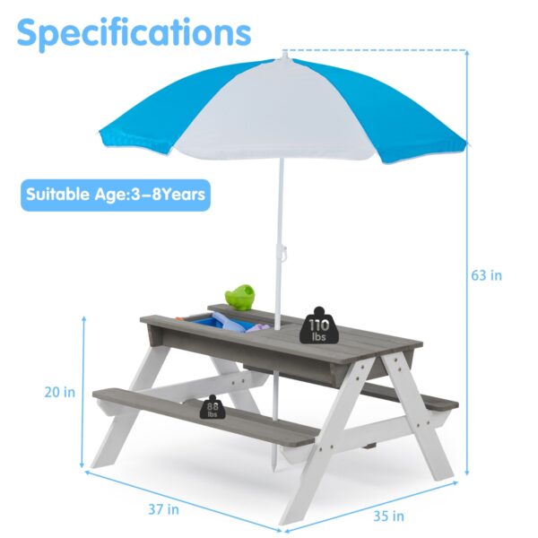 iKid 3-In-1 Kids Outdoor Wooden Picnic Table With Umbrella Sand &Amp; Water Gray Astm - Image 5