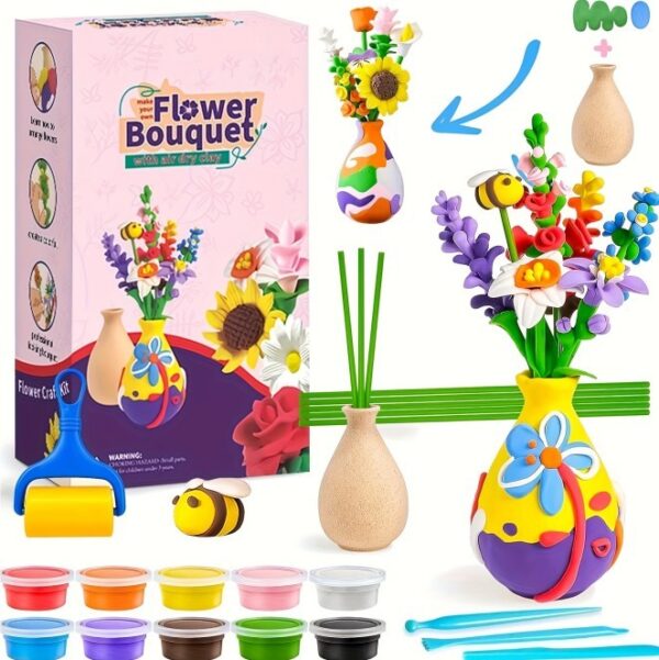 iKid Air Dry Clay Vase Bouquet Craft Kit 10 Pieces Modeling Clay Flower Art And Craft Diy Set For Boys And Girls Improve Fine Motor Skills And Hand-Eye Coordination Great Gift Idea For Boys And Girls - Image 3
