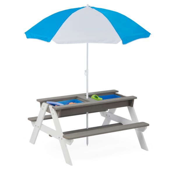 iKid 3-In-1 Kids Outdoor Wooden Picnic Table With Umbrella Sand &Amp; Water Gray Astm - Image 3