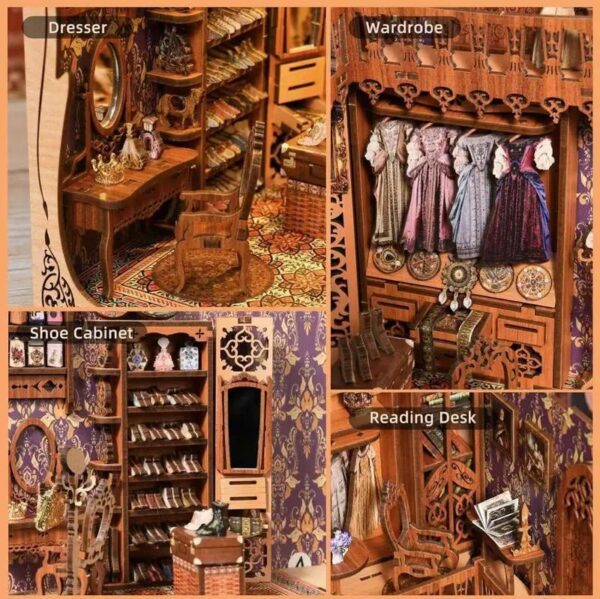 iKid Duchess Cloakroom Book Corner Kit Homemade Miniature Dollhouse 3D Wooden Puzzle Bookshelf Insert Decoration With Led Light Craft Kit - Image 3