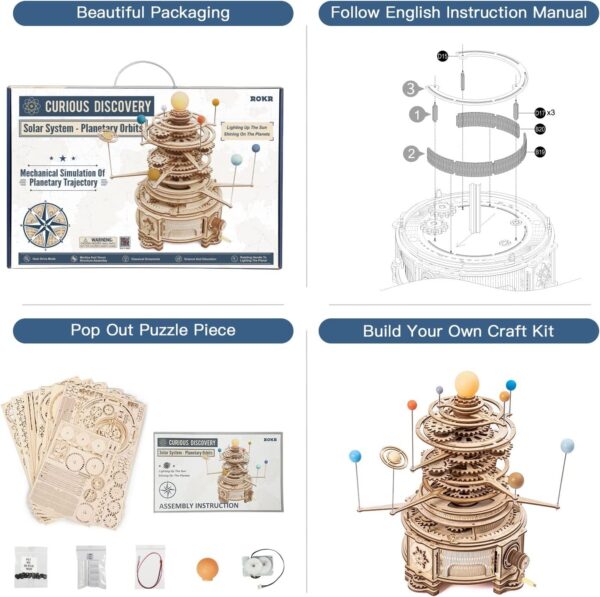 iKid Robotime Rokr 316Pcs Rotatable Mechanical Orrery 3D Wooden Puzzle Games Assemble Model Building Kits Toys Gift For Children Boys - Image 4