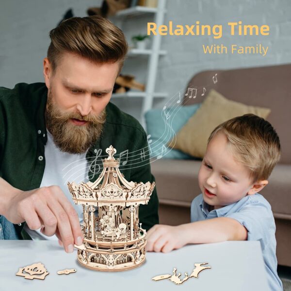 iKid Robotime Rokr 3D Wooden Puzzles Construction Model Kit Diy Music Box Building Kits Rotating - Romantic Carousel - Image 6