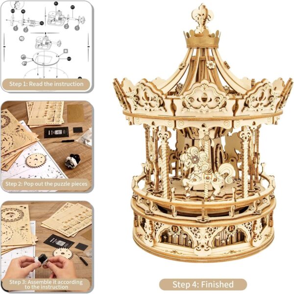 iKid Robotime Rokr 3D Wooden Puzzles Construction Model Kit Diy Music Box Building Kits Rotating - Romantic Carousel - Image 5