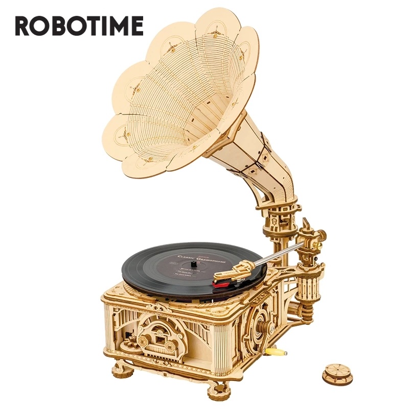 iKid Robotime Rokr Diy Hand Crank Classic Gramophone Wooden Puzzle Model Building Kits Assembly Toy Gift For Children Lkb01