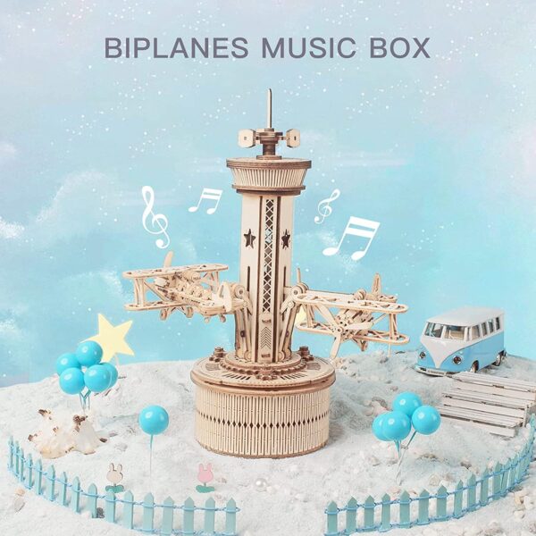 iKid Robotime Rokr 3D Wooden Puzzles For Adults Diy Musical Box Model Kit To Build Self-Assembly Building Kit Airplane- Control Tower - Image 7
