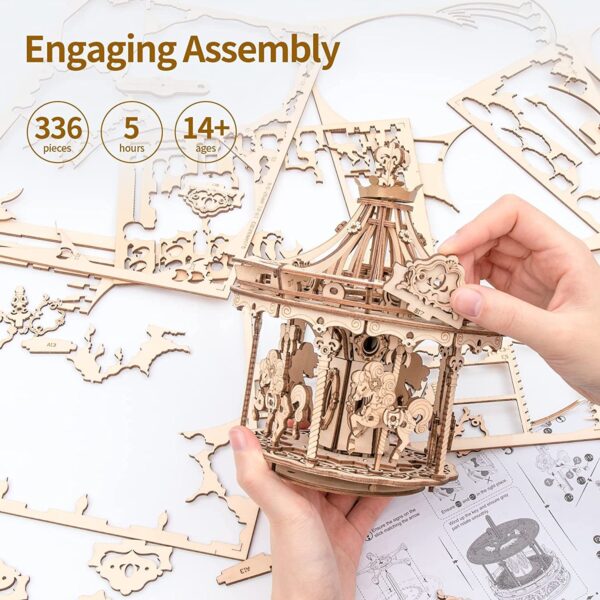 iKid Robotime Rokr 3D Wooden Puzzles Construction Model Kit Diy Music Box Building Kits Rotating - Romantic Carousel - Image 8