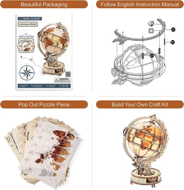 iKid Rokr Luminous Globe 3D Wooden Hot Selling 180Pcs Model Building Block Kits Toy - Image 4