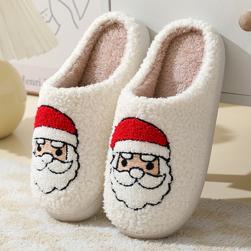 iKid Christmas Home Slippers Cute Cartoon Santa Claus Cotton Slippers For Women And Men Couples Winter Warm Furry Shoes