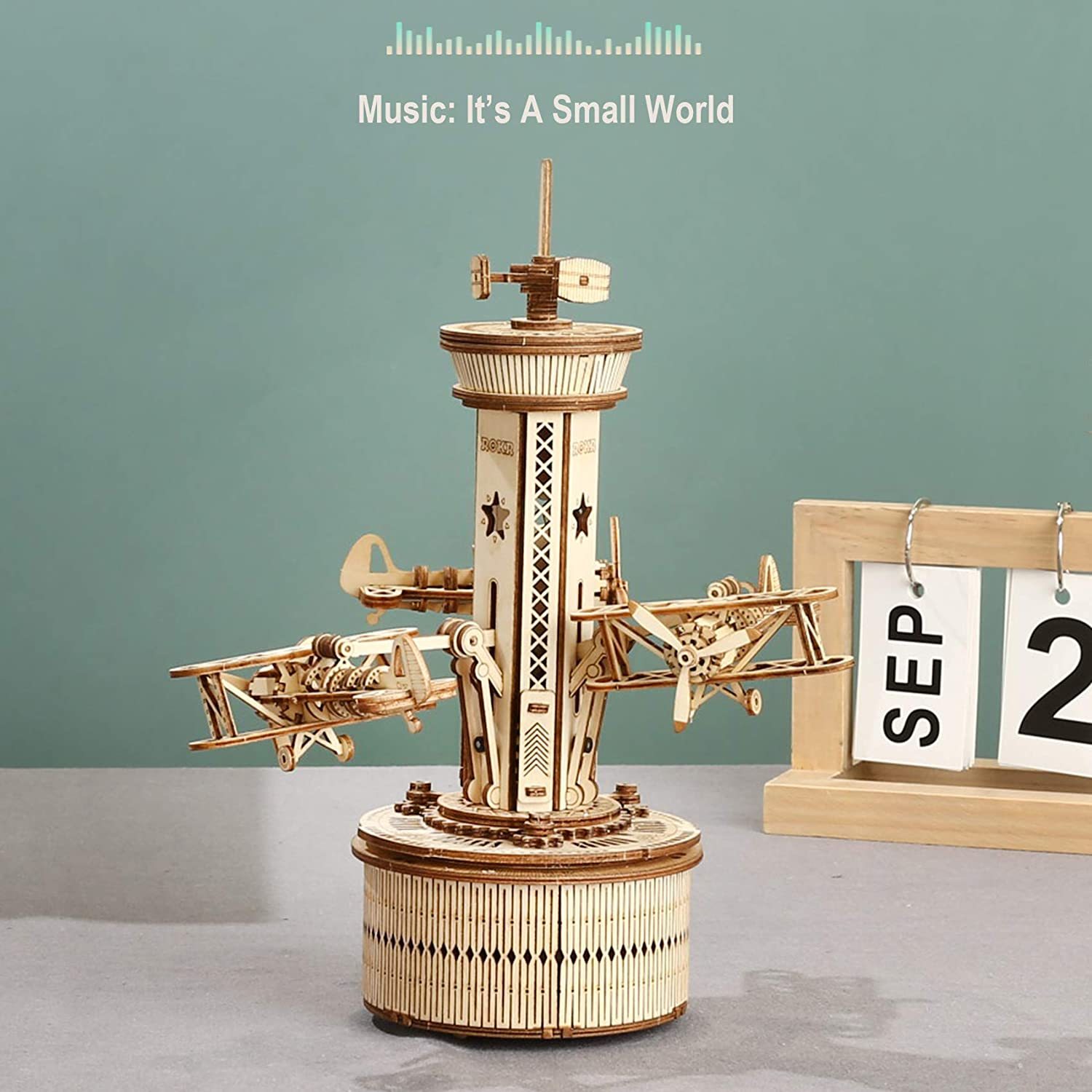 iKid Robotime Rokr 3D Wooden Puzzles For Adults Diy Musical Box Model Kit To Build Self-Assembly Building Kit Airplane- Control Tower