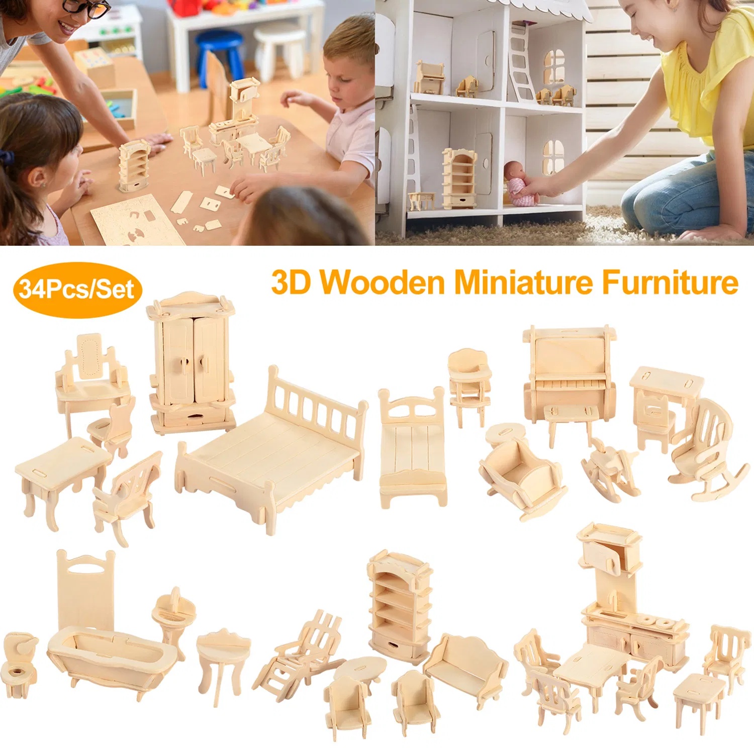 iKid 3D Wooden Dollhouse Furniture Puzzles Diy Miniature Furniture Models Set