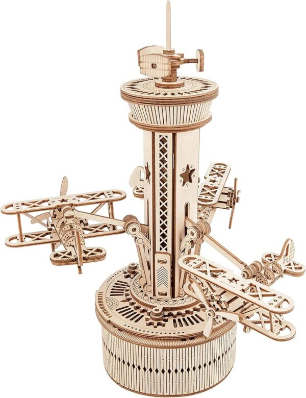 iKid Robotime Rokr 3D Wooden Puzzles For Adults Diy Musical Box Model Kit To Build Self-Assembly Building Kit Airplane- Control Tower - Image 2