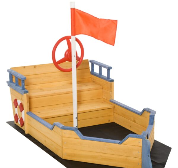 iKid Cedar Wood Kids Sandbox Pirate Ship Play Boat With Bench Seats And Storage - Image 4