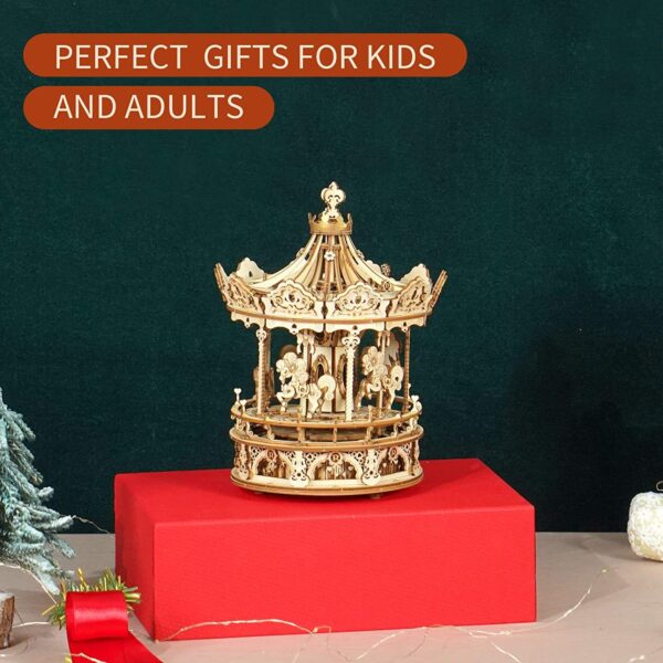 iKid Robotime Rokr 3D Wooden Puzzles Construction Model Kit Diy Music Box Building Kits Rotating - Romantic Carousel - Image 7