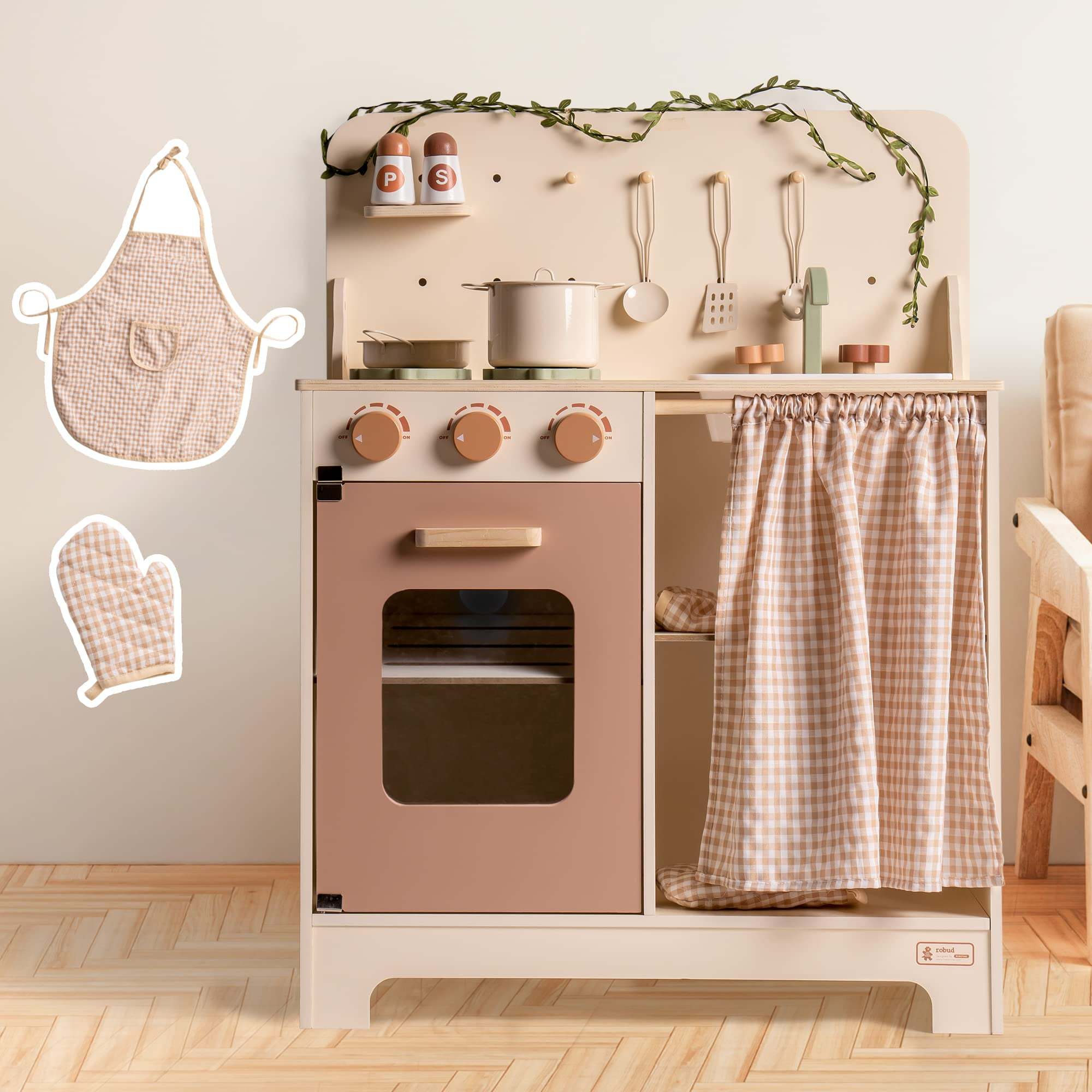 iKid Robud Kids Play Kitchen Set Rustic Wooden Pretend Play Kitchen For Toddlers 3