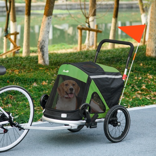 iKid Aosom 2 In 1 Bike Trailer Foldable Dog Bike Stroller With Aluminum Frame Quick Release Wheels Safety Leash Anti-Slip Mat Hitch Coupler Reflectors Flag For Medium Dogs Green