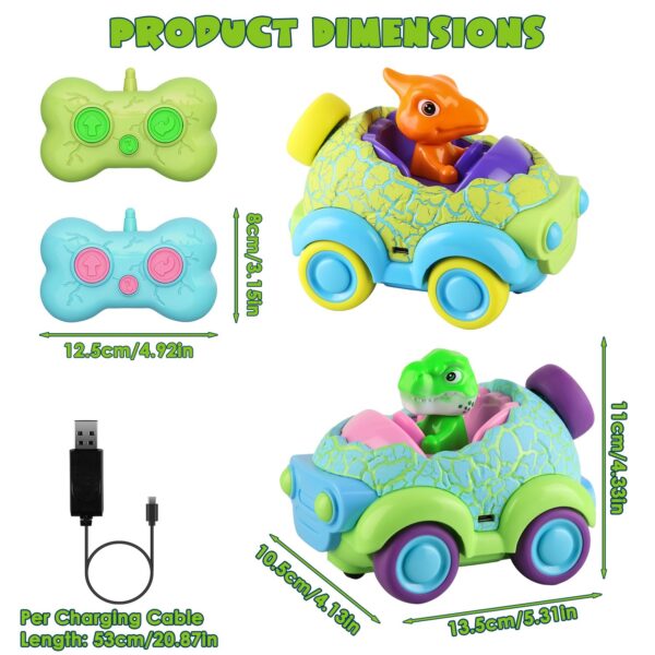 iKid 2Pack Dinosaur Remote Control Cars For Toddlers Rechargeable Rc Cars With Light Music Birthday Gift For Boys Girls Aged 3 4 5 6 Years Old Christmas New Year Gift - Image 2