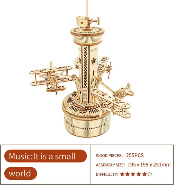 iKid Robotime Rokr 3D Wooden Puzzles For Adults Diy Musical Box Model Kit To Build Self-Assembly Building Kit Airplane- Control Tower - Image 4